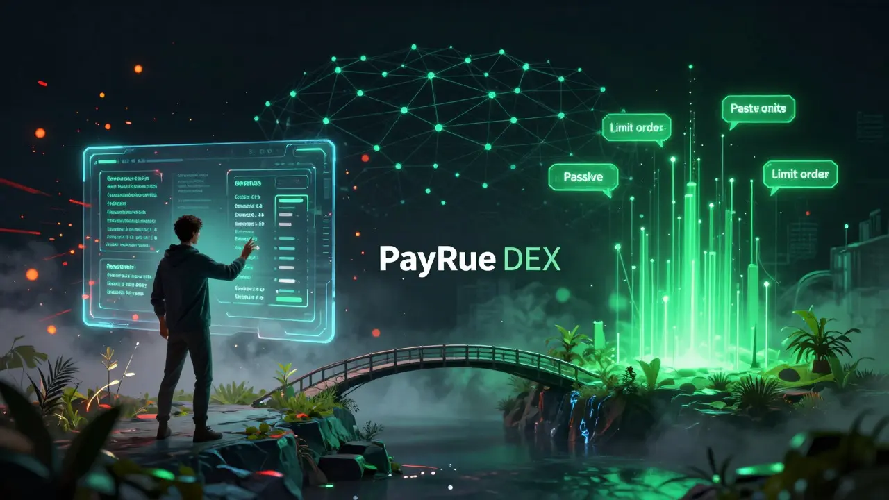 Conceptual cyberpunk art depicting hybrid trading ecosystem with active and passive zones