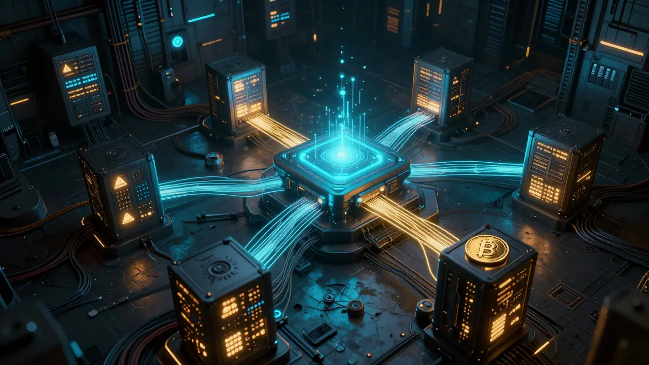 Cyberpunk art of a hidden blockchain network connected by a golden stablecoin thread