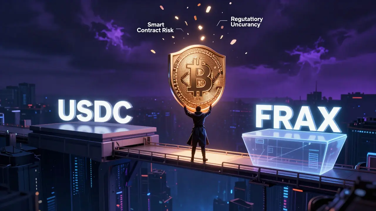 Cyberpunk figure holding CRVFRAX shield on bridge between stable platforms amidst digital storm