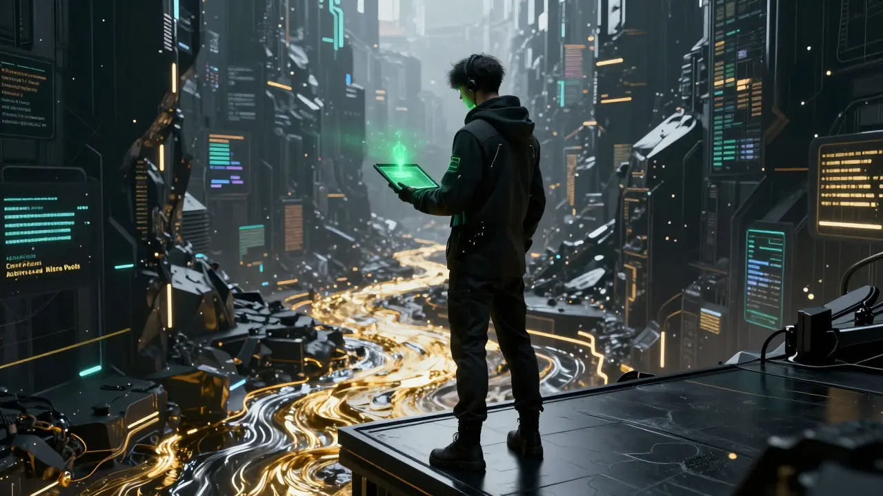 Cyberpunk figure on a platform overlooking a canyon of flowing digital assets