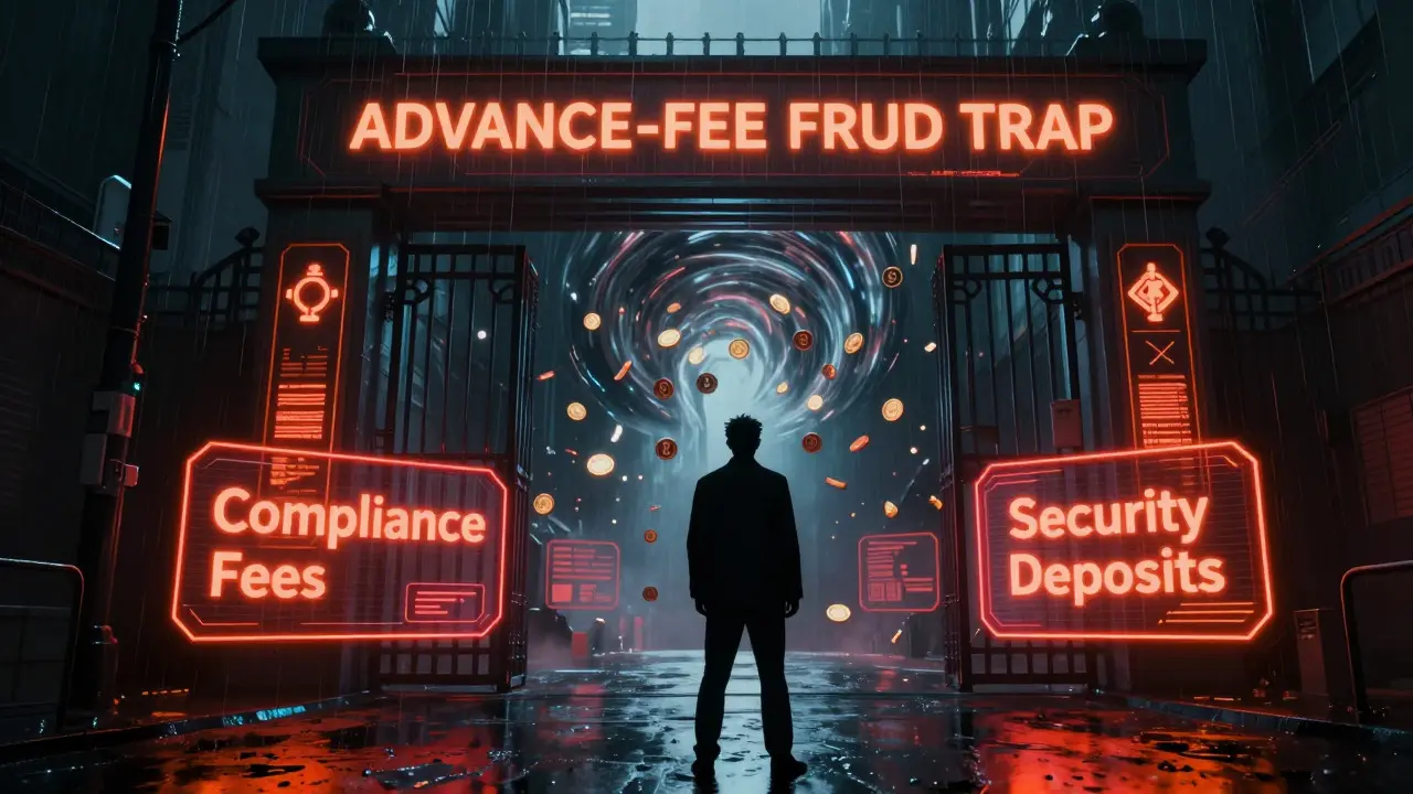Cyberpunk investor blocked by holographic fee demands at a digital gate
