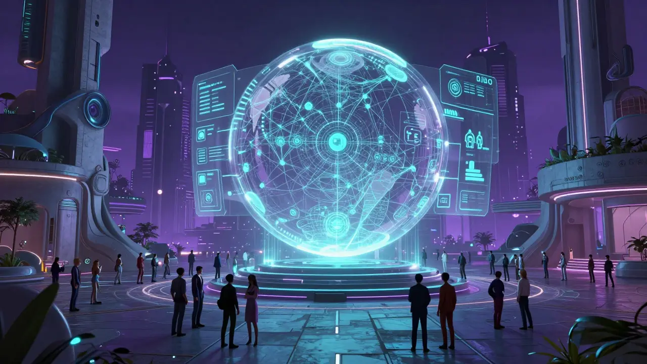 Cyberpunk metaverse plaza with avatars and a central holographic AI hub