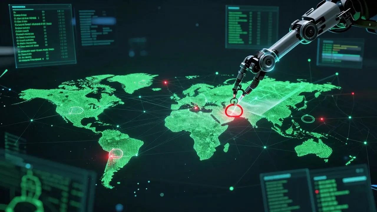 Cyberpunk network diagram showing targeted red restrictions amidst a sea of green authorized nodes