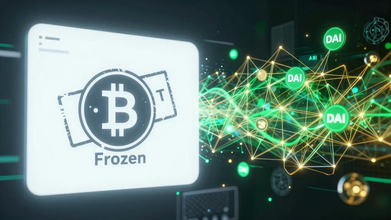 Cyberpunk split view of frozen USDT tokens versus flowing decentralized DAI network