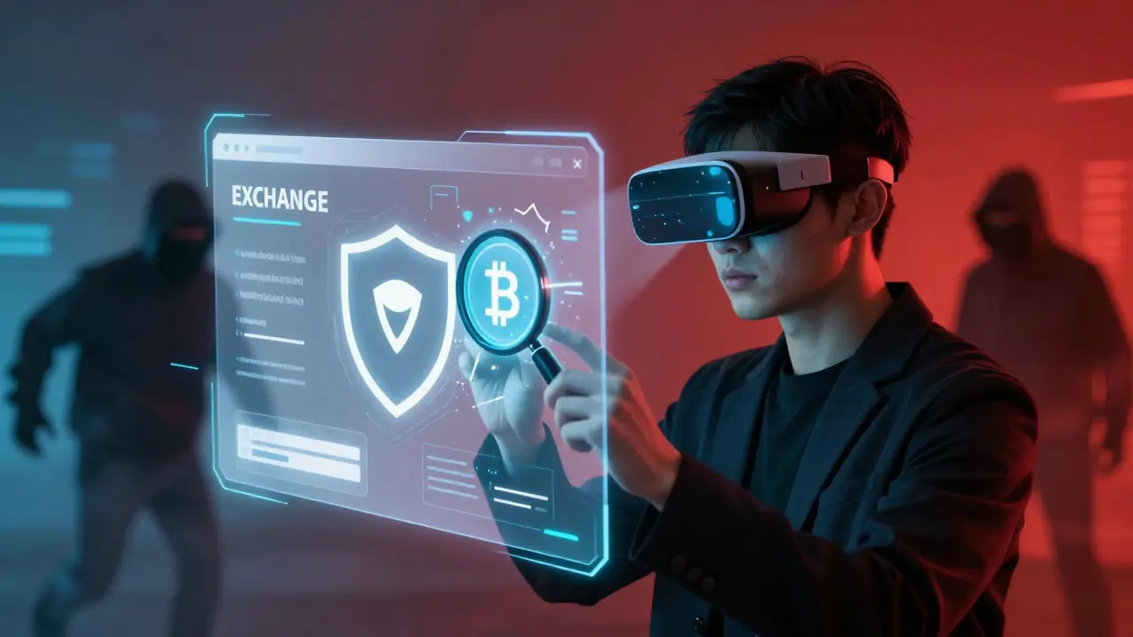 Cyberpunk user using AR visor to verify exchange legitimacy and block scams