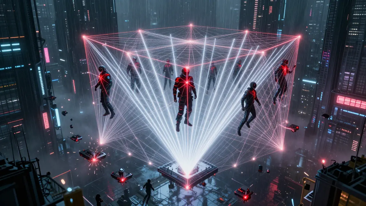 Cyberpunk visualization of a regulatory laser net tightening around digital financial platforms