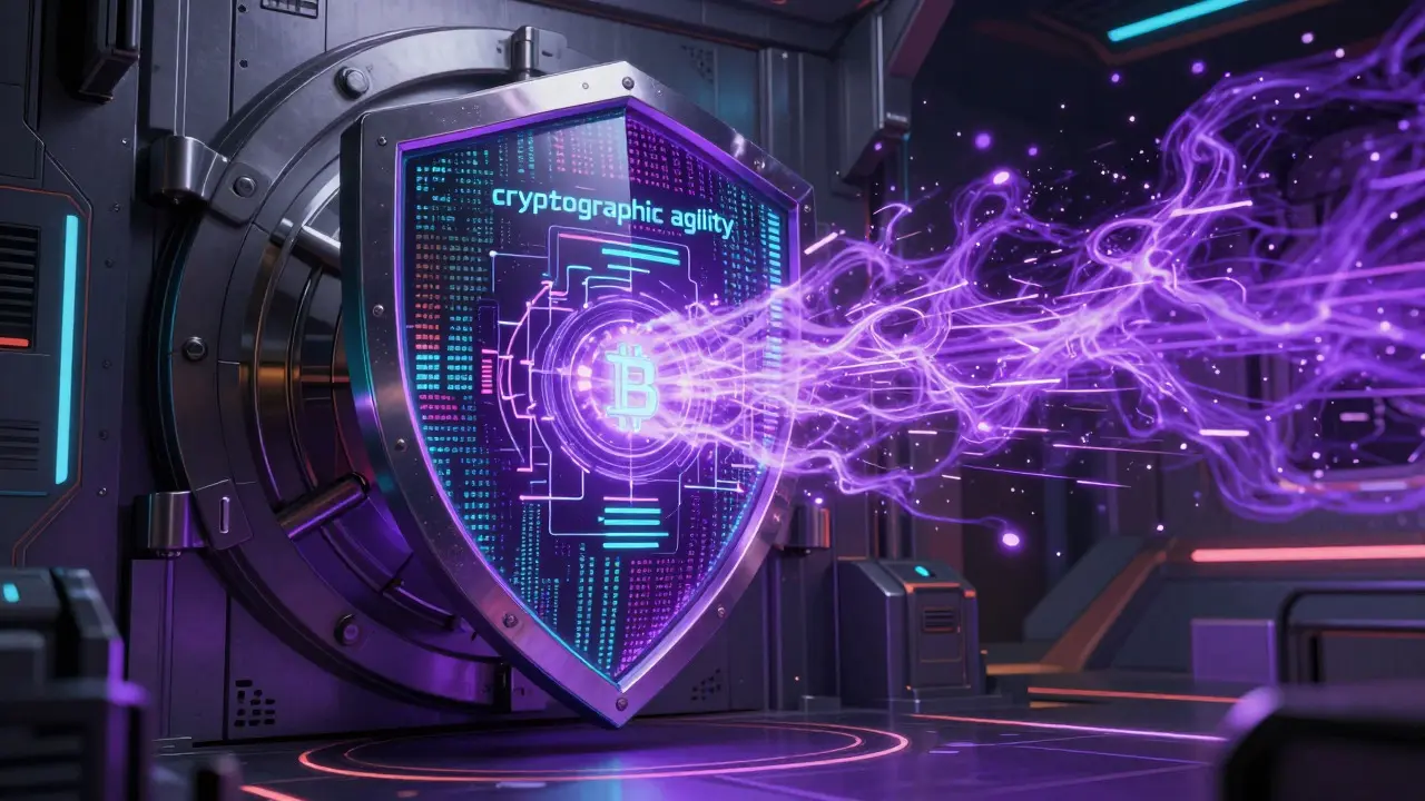 Digital shield protecting crypto vault from quantum attack waves in cyberpunk style.