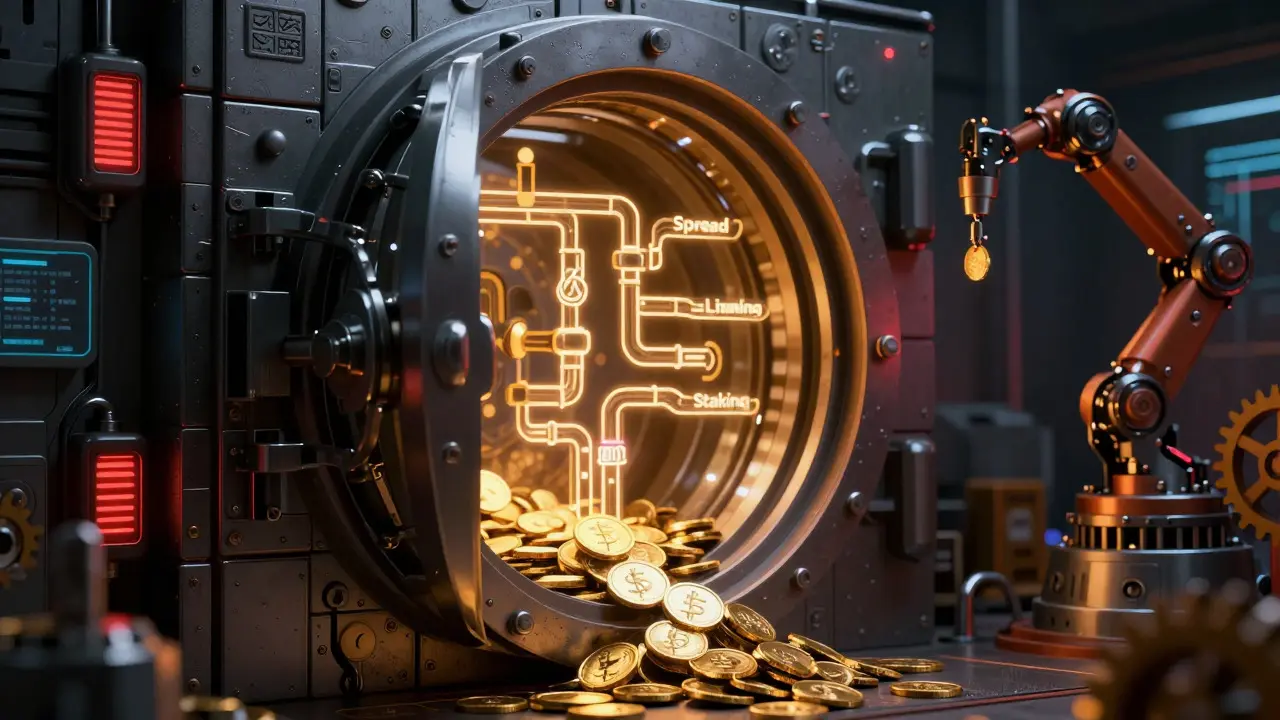 Digital vault leaking coins through pipes labeled spreads and staking