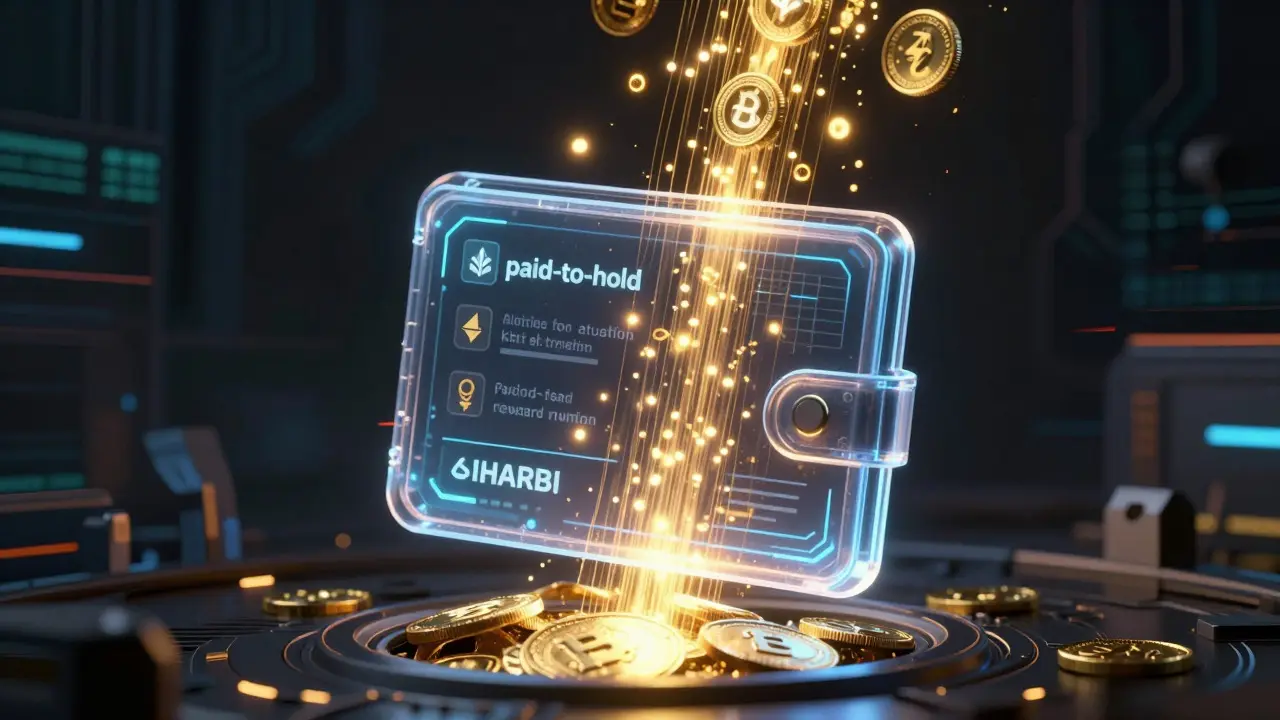 Digital wallet receiving glowing token streams in a dark cyberpunk void.