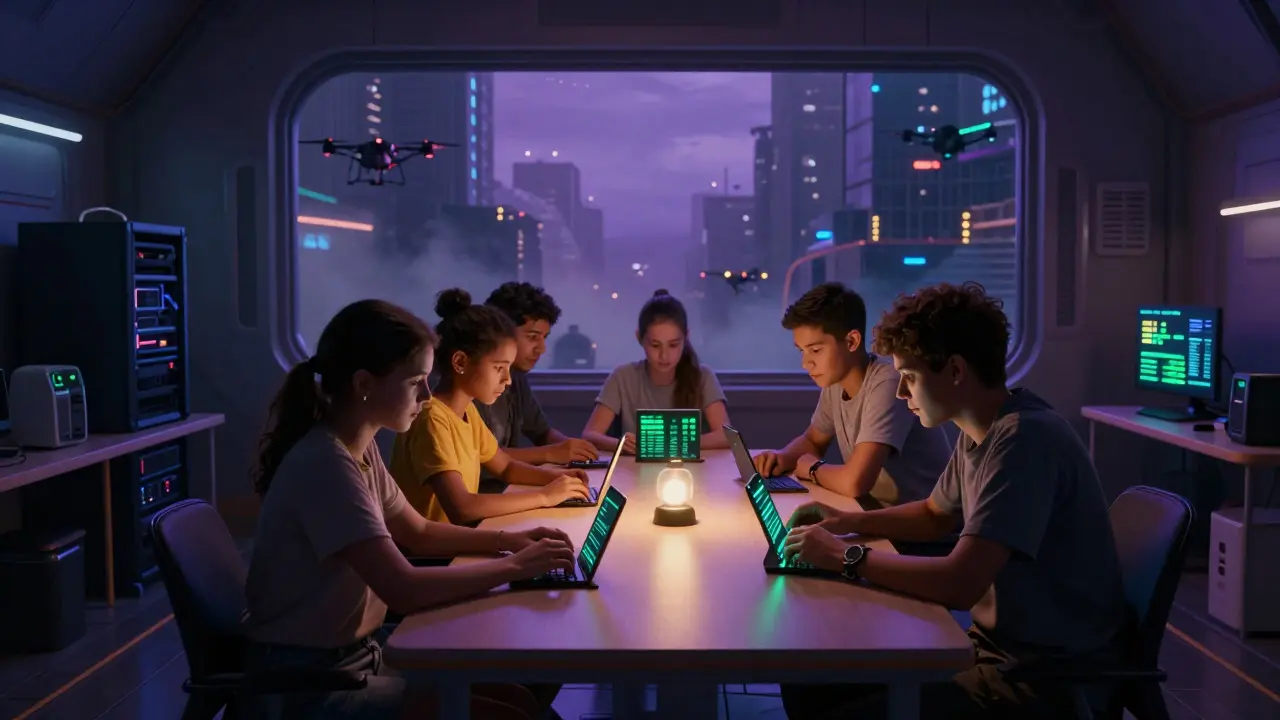 Family managing digital assets by phone light in cyberpunk apartment