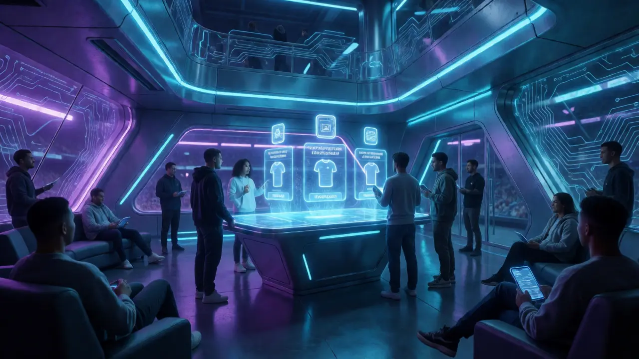 Fans using holographic interfaces to vote on team decisions in a futuristic lounge
