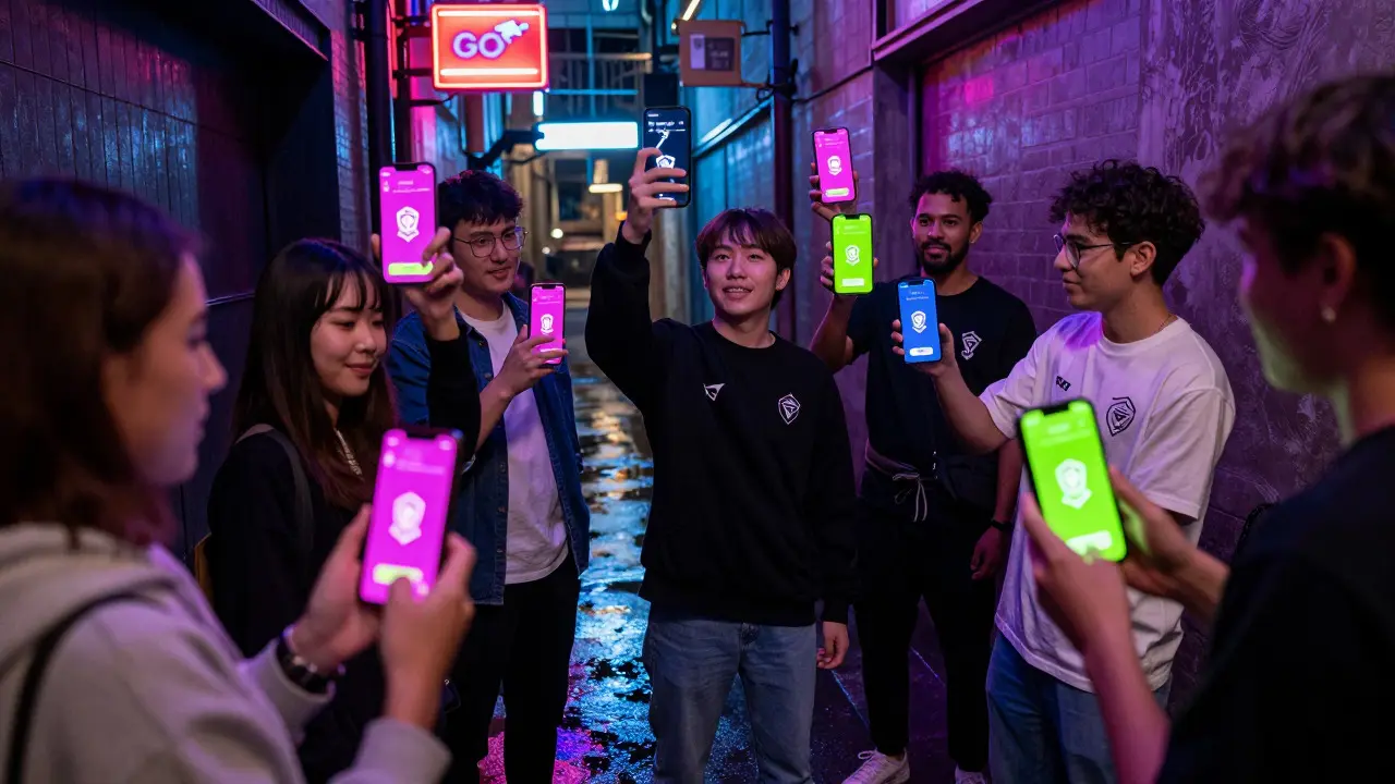 Fans using smartphones to view AR voting interfaces in a neon-lit alleyway