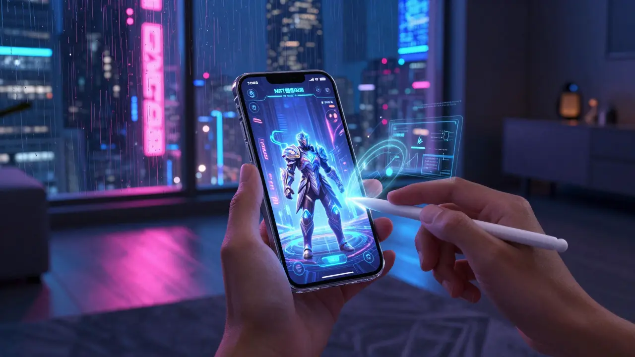 First-person view of a smartphone displaying an RPG game with invisible tech