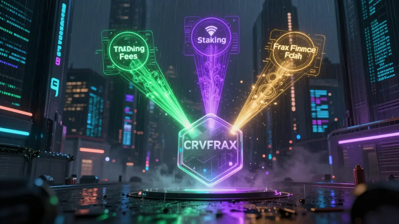Floating CRVFRAX token receiving green, purple, and gold energy beams in cyberpunk city