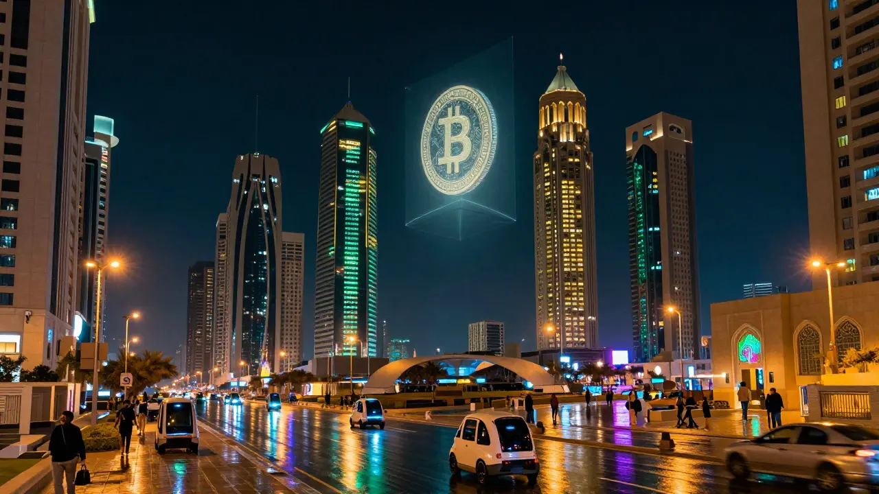 Futuristic Amman skyline at night with neon lights and a floating digital coin projection