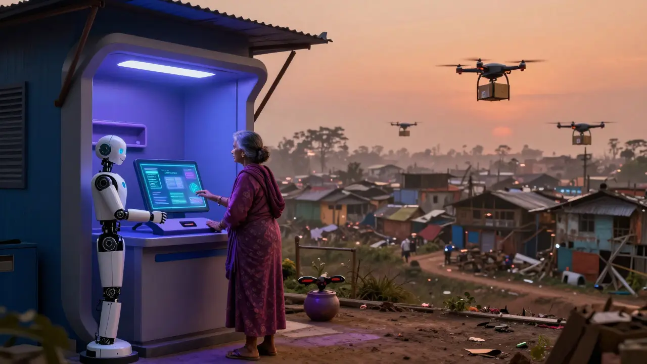 Futuristic banking kiosk serving rural customer in cyberpunk landscape