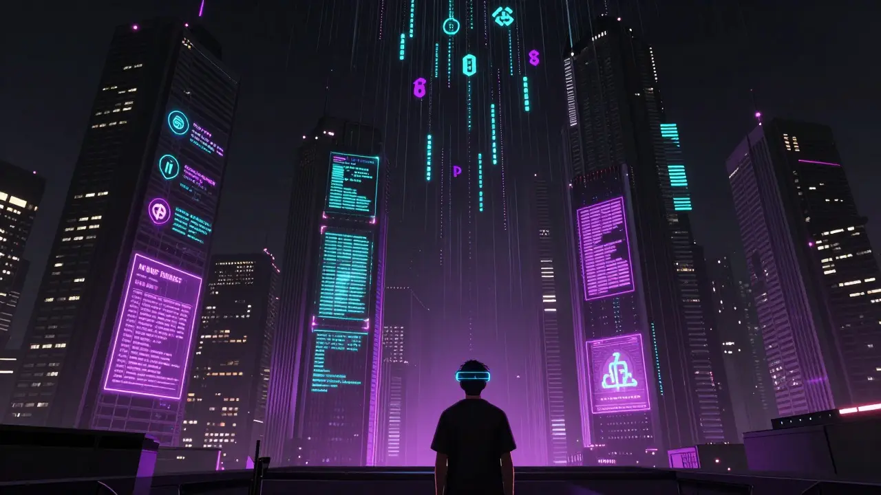Futuristic cityscape with AR user viewing crypto data streams