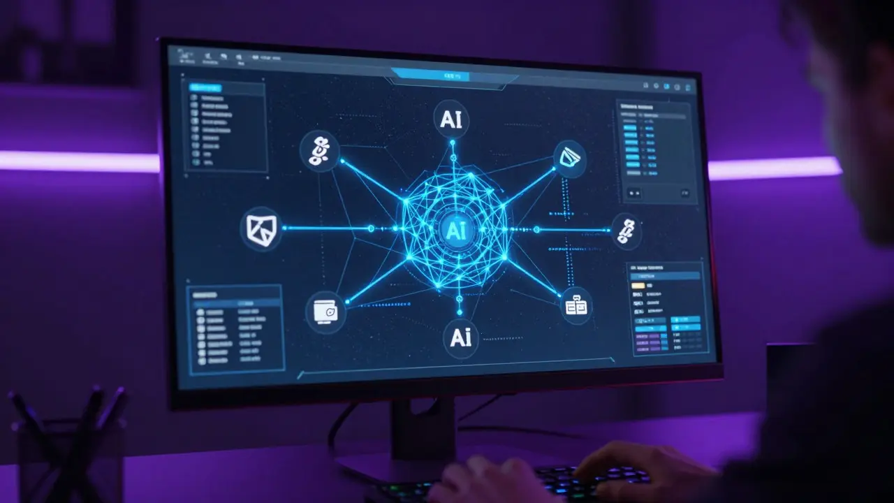 Futuristic dashboard visualizing AI bot connections to crypto exchanges