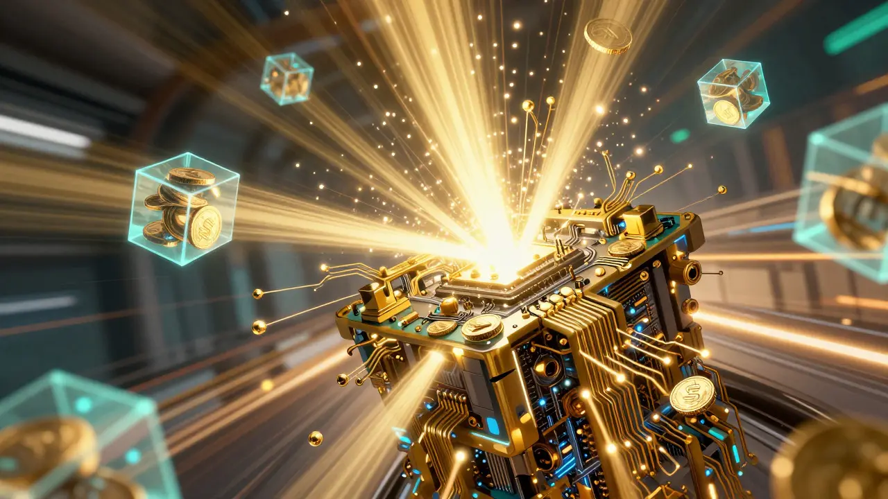 Futuristic machine compounding light beams to represent DeFi yield generation
