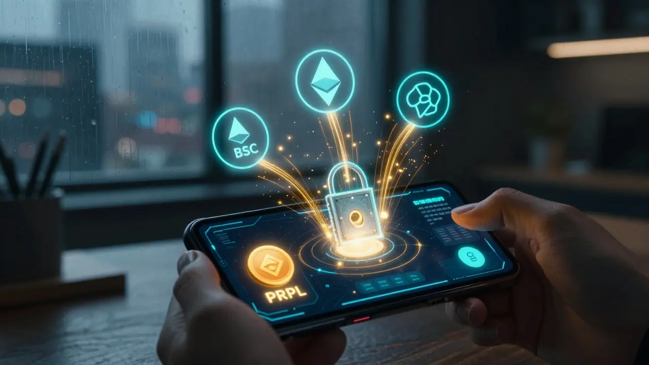 Futuristic multichain wallet display showing gas-free transactions and token utility
