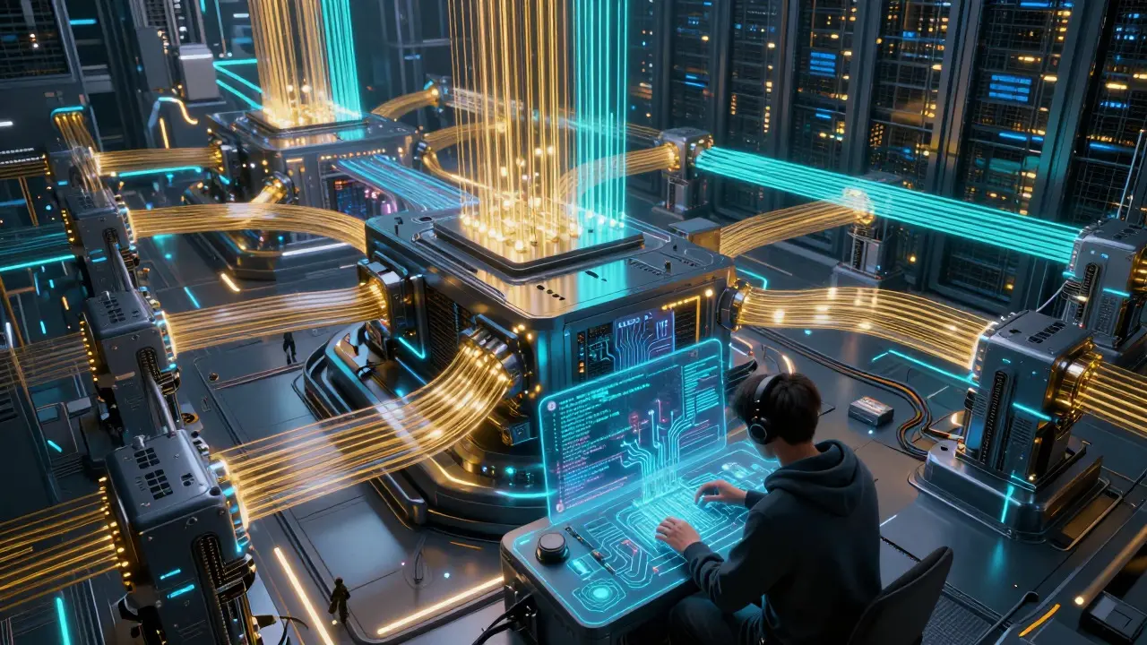 Futuristic server farm with glowing data streams representing ZK rollups.