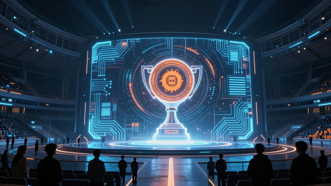 Futuristic stadium interior featuring a holographic trophy and data streams