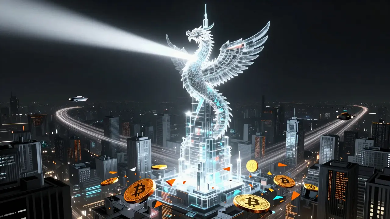 Futuristic tower of light representing the Digital Yuan suppressing fragmented crypto symbols