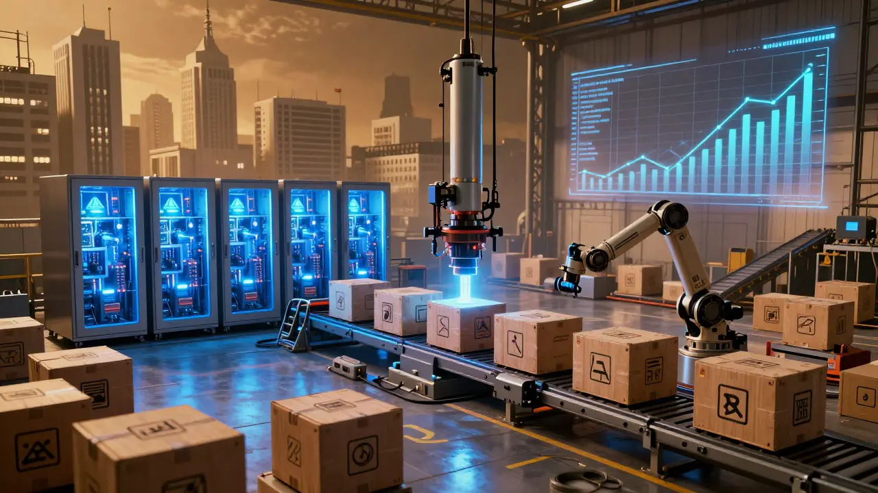 Futuristic warehouse with glowing mining hardware, representing the ease of importing crypto infrastructure