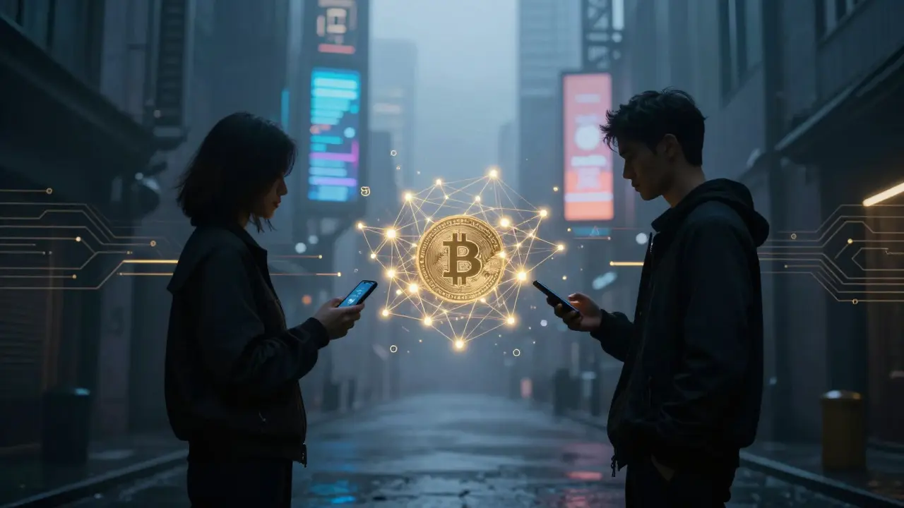 Glowing digital network connecting two people for P2P crypto trade