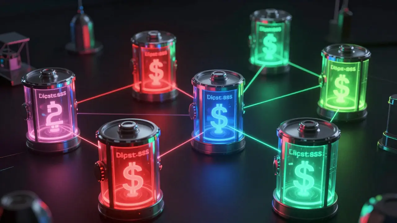 Glowing digital vaults representing separate crypto wallets in a cyberpunk void