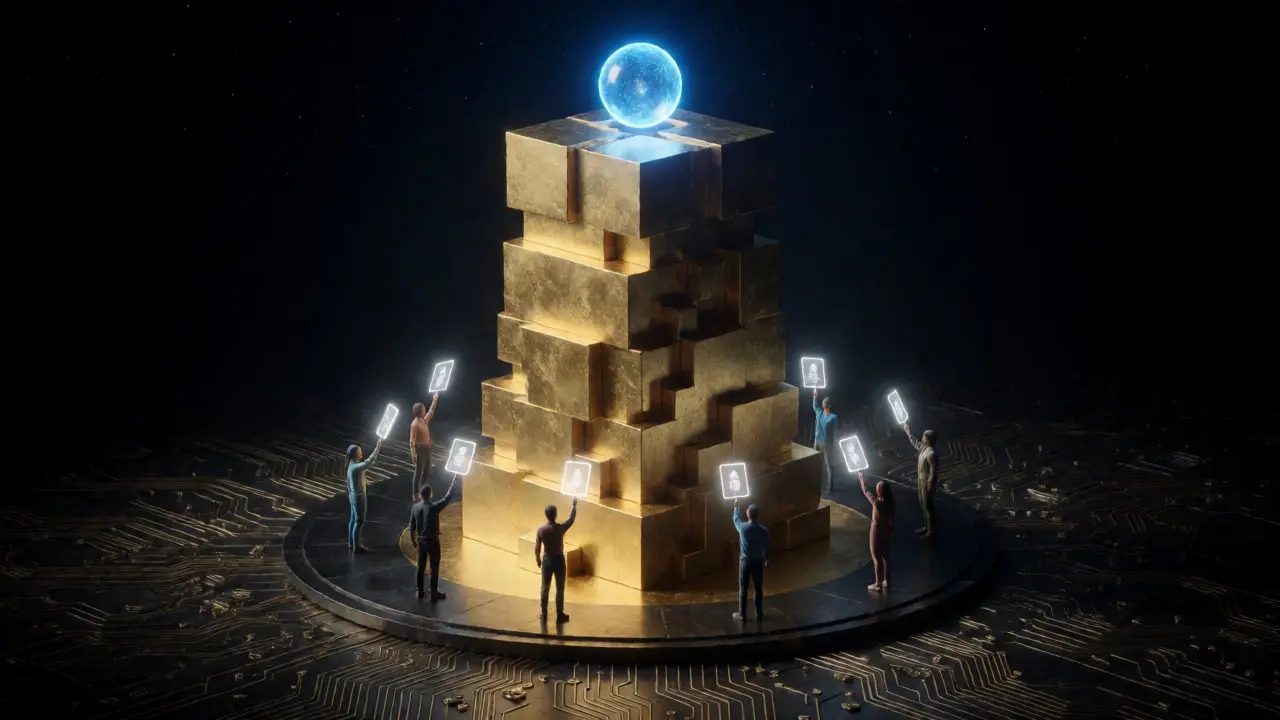 Golden voxel tower and avatars voting in a cyberpunk DAO setting