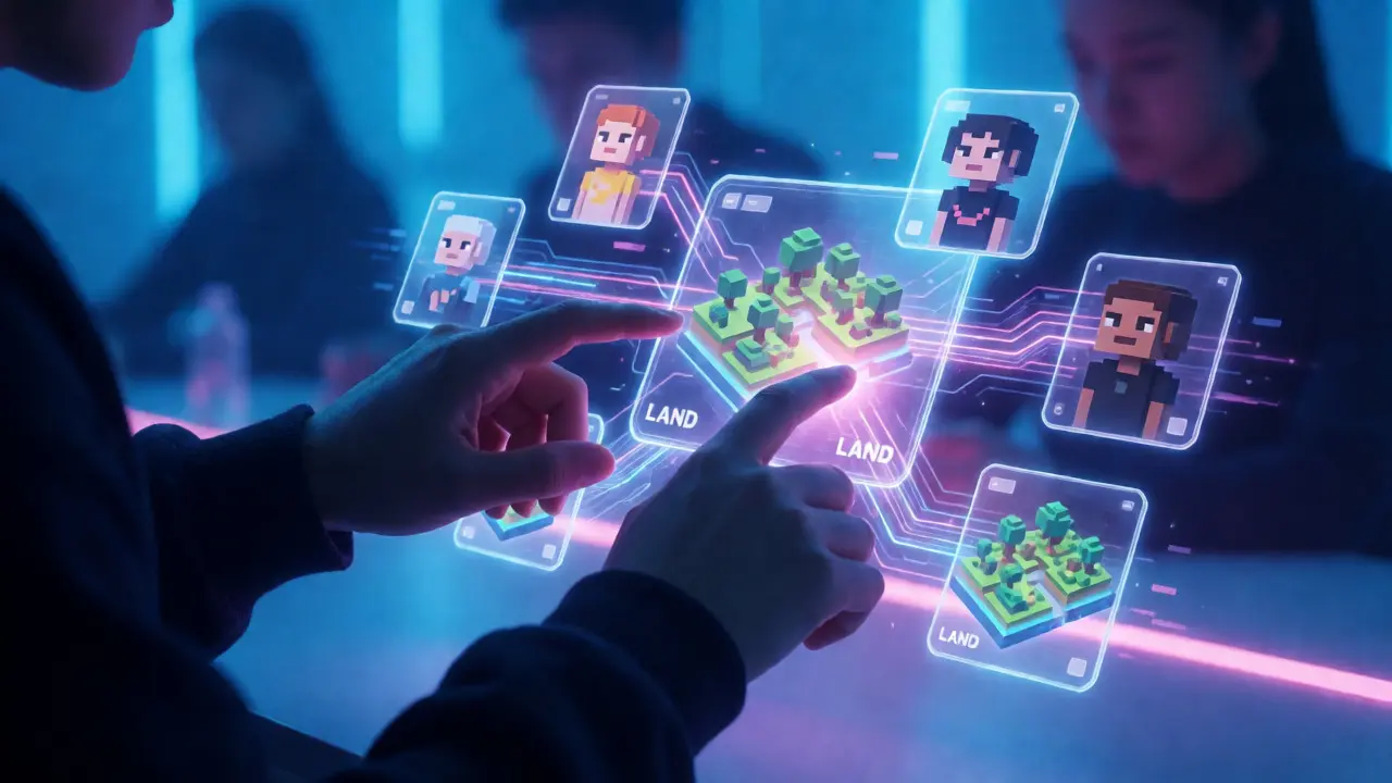 Hands interacting with holographic voxel assets in a digital marketplace