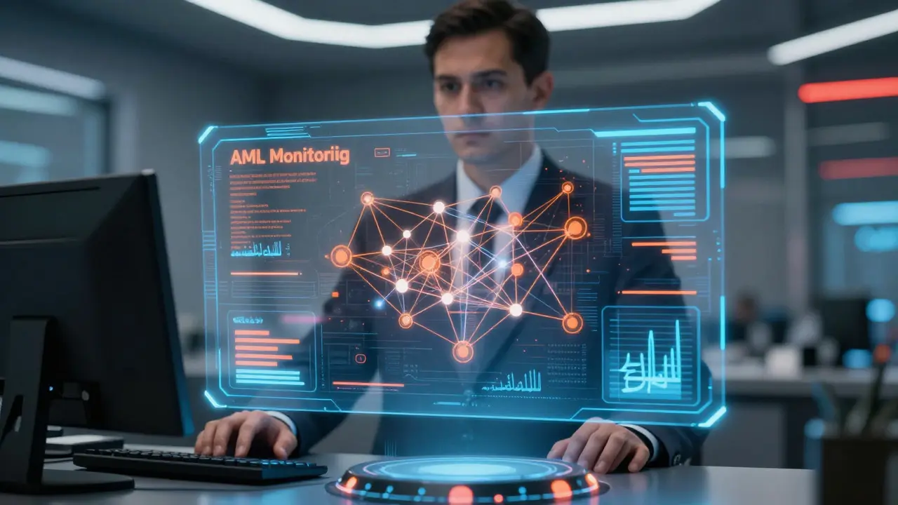 Holographic regulatory dashboard in a cyberpunk control room with abstract data streams