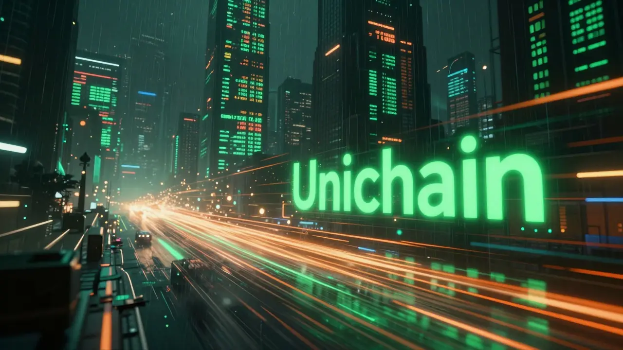 Neon-lit cyberpunk scene illustrating fast crypto transactions and low fees