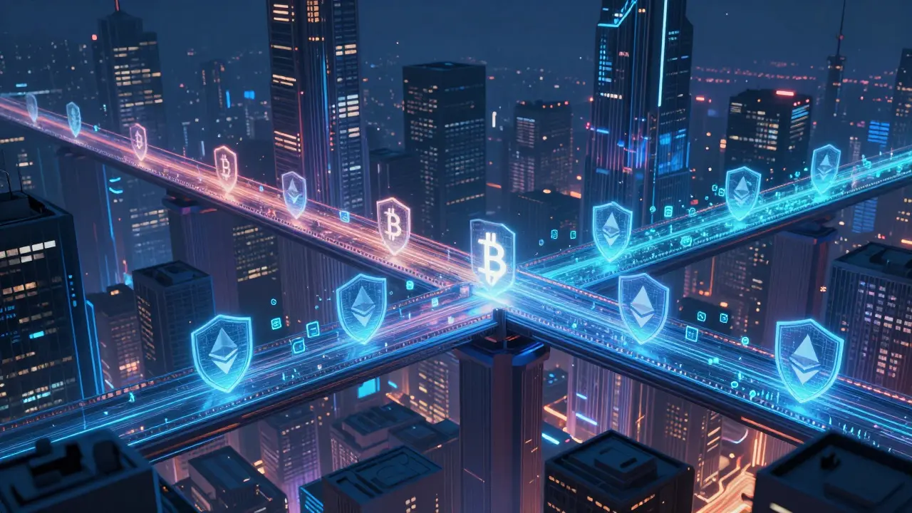 Neon-lit digital bridges connecting blockchain networks in a cyberpunk city.