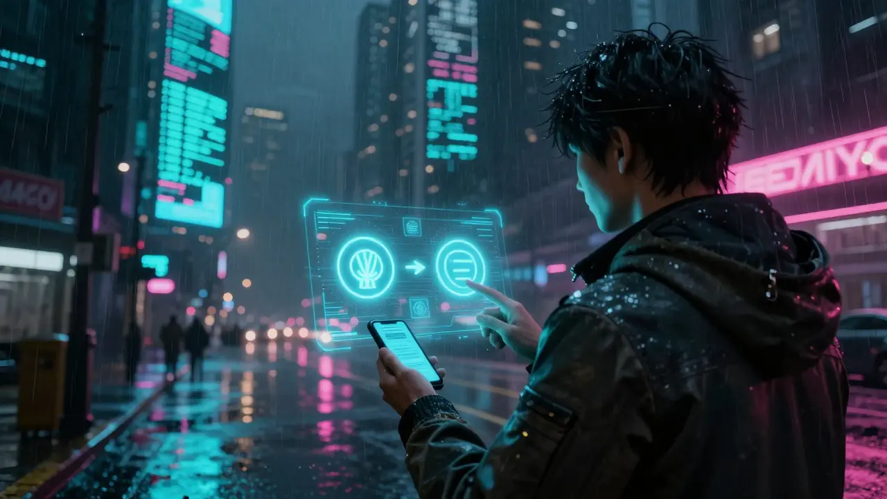 Person using a holographic wallet in a rainy cyberpunk city street