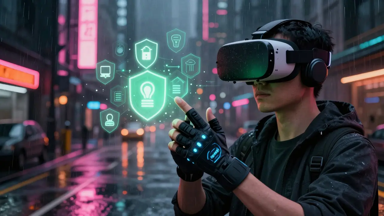 Person using VR gear to manage digital assets with floating security shields in a neon city