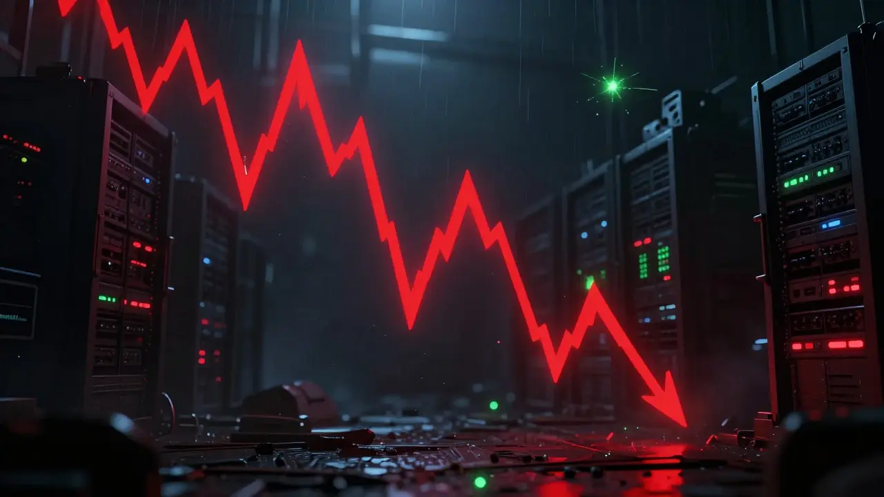 Plummeting red price chart amidst a stormy, high-tech industrial backdrop.
