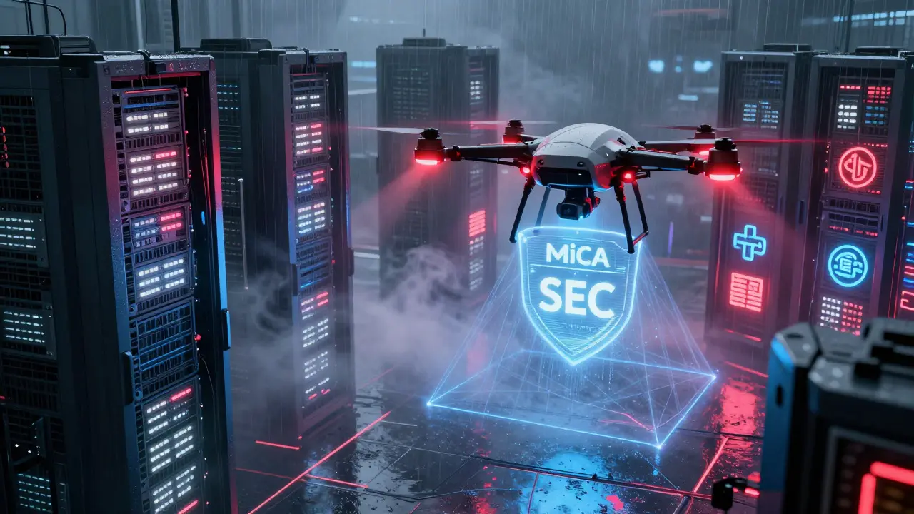 Regulatory drone scanning a massive cyberpunk crypto server farm
