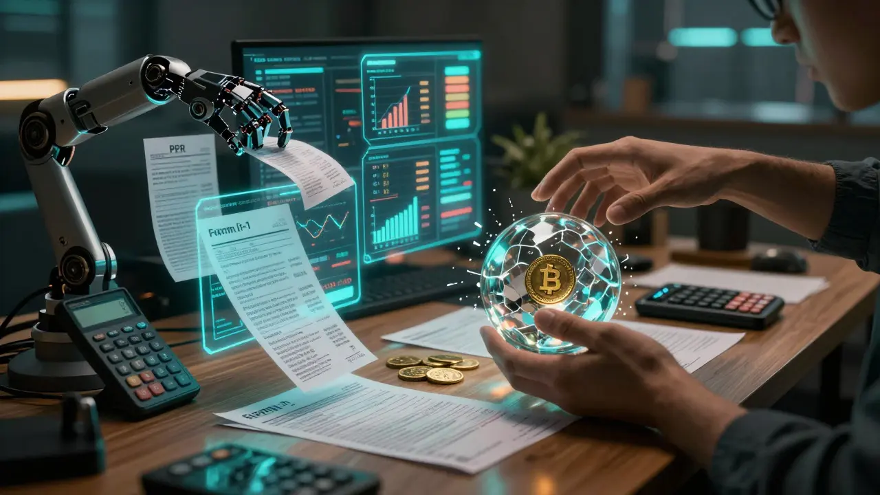 Robotic arm sorting digital financial records in cyberpunk setting