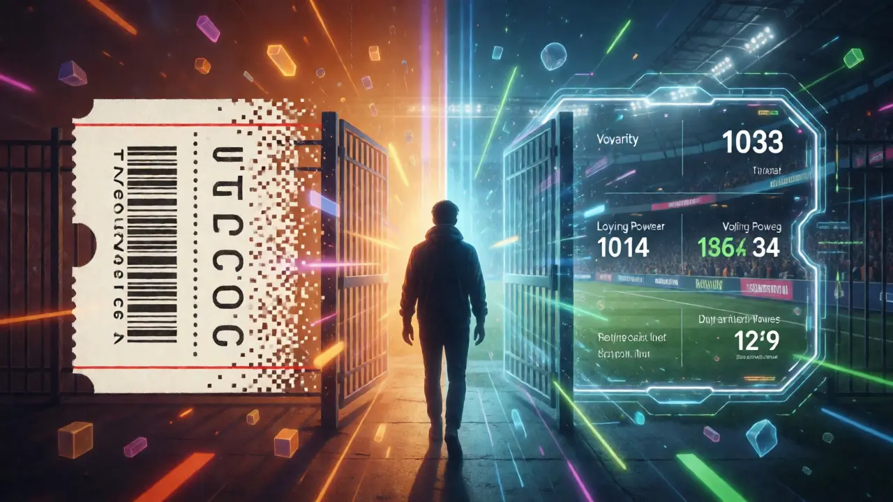 Silhouette walking through a digital gate merging physical tickets with AR overlays
