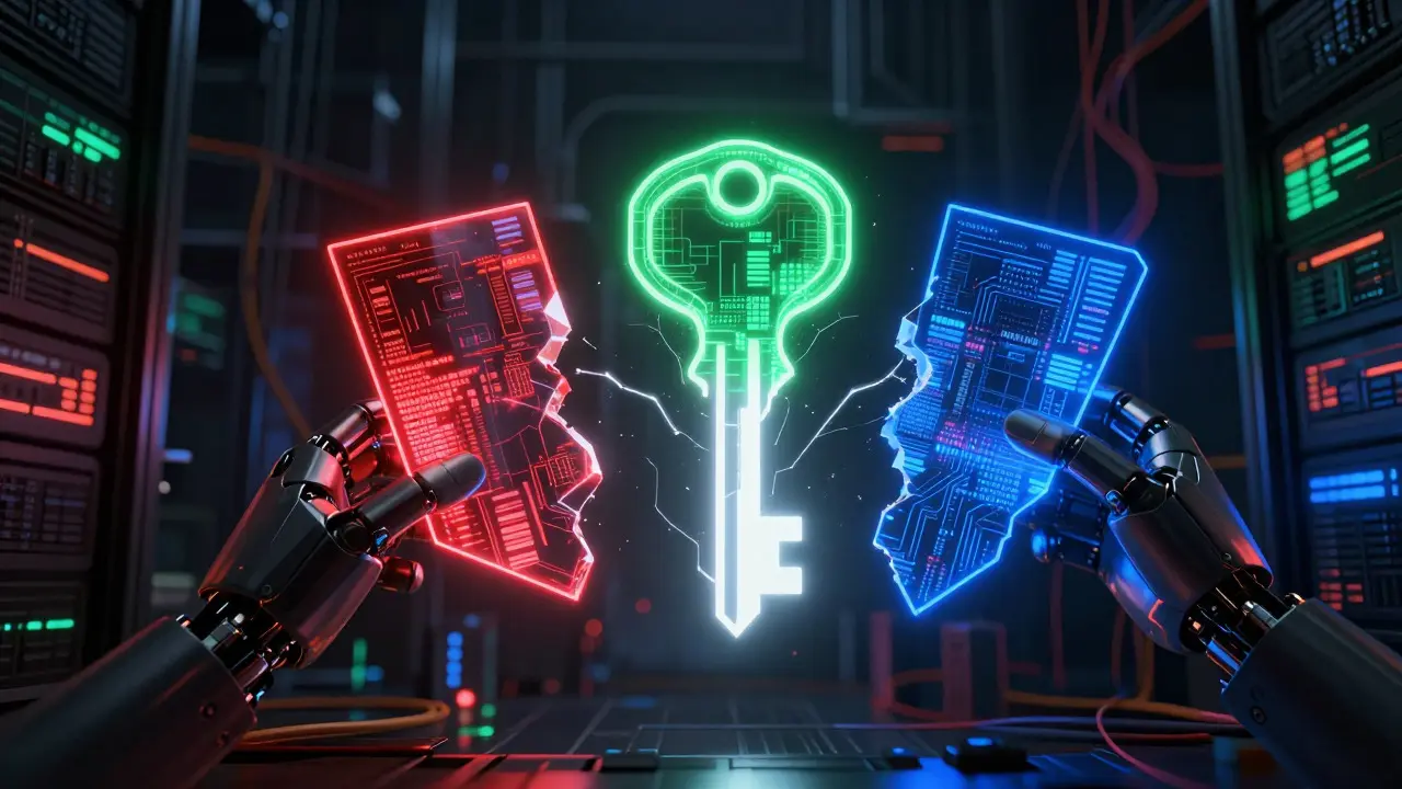 Split digital key shards converging for MPC security in a futuristic data center.