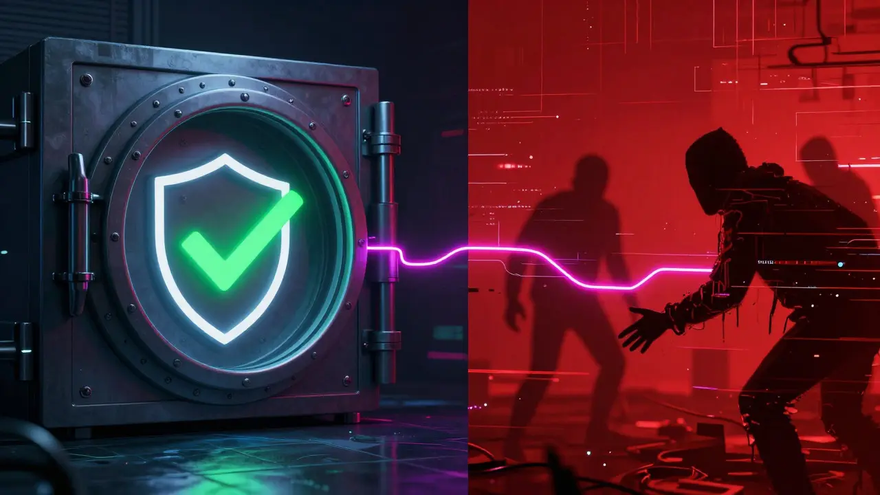 Split screen showing secure crypto vault vs glitchy scam zone
