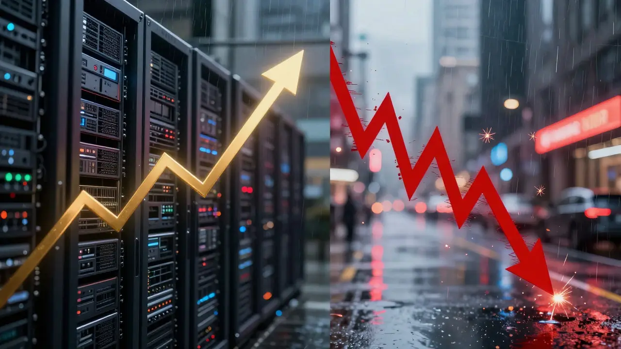 Split view of rising profits vs crashing graphs in cyberpunk style