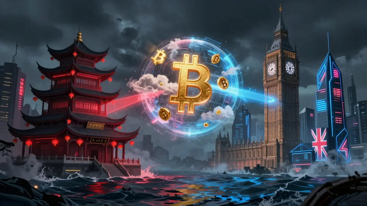 Two cyber cities battling over a floating hologram of Bitcoin across a dark ocean