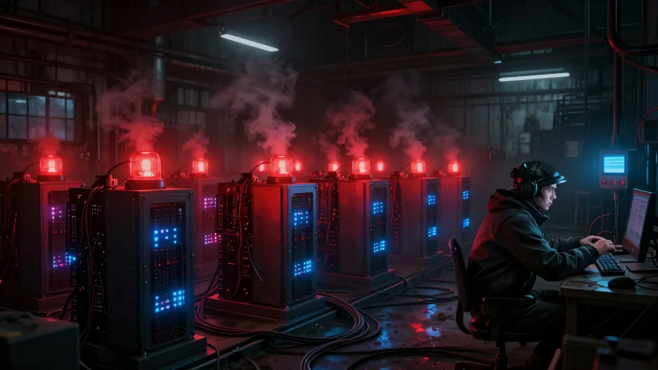 Underground cyberpunk bitcoin mining farm with red lights and nervous technician