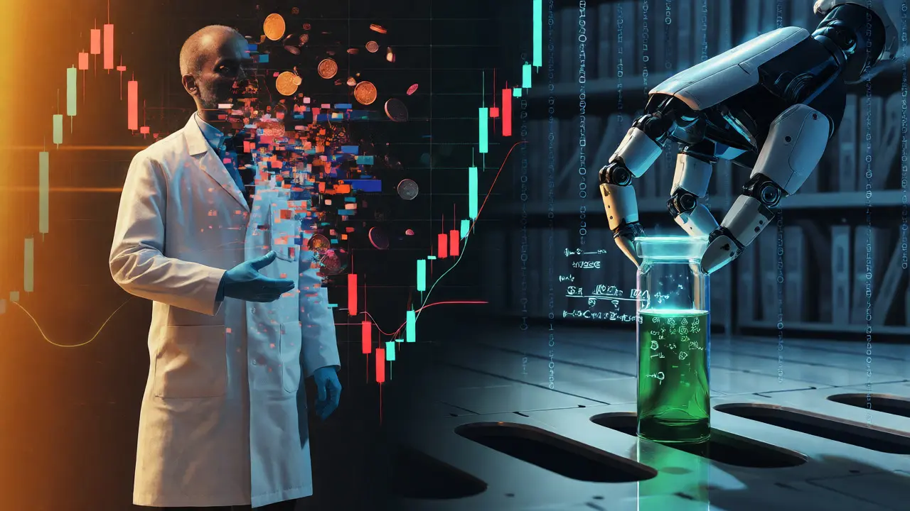 Abstract cyberpunk scene contrasting volatile crypto charts with stable science
