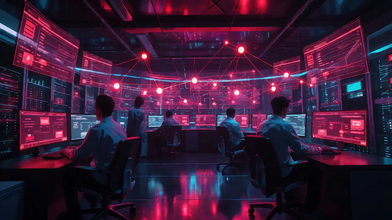 Analysts monitoring complex crypto transaction flows and alerts in a high-tech control room