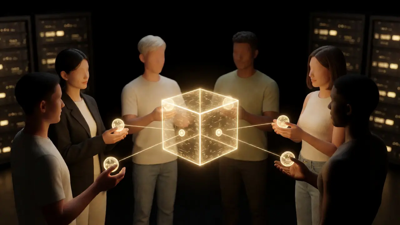 Avatars connecting glowing tokens to a central holographic cube, representing decentralized governance.