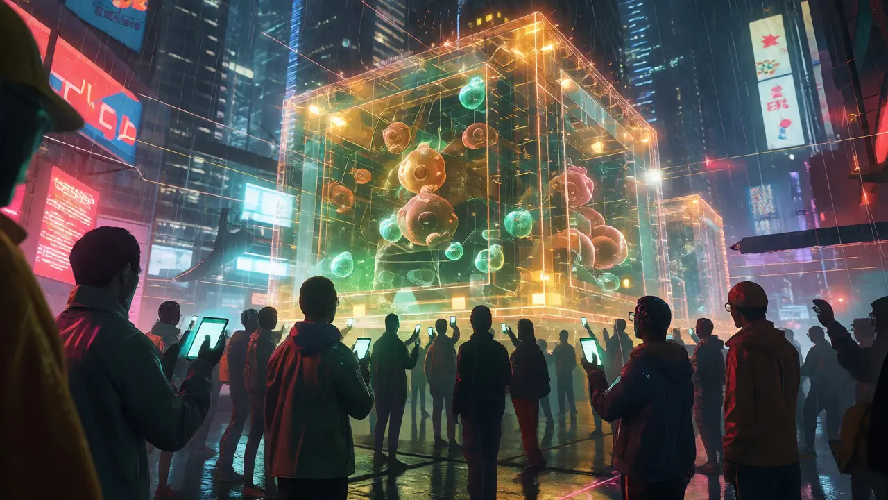 Avatars funding scientific projects via blockchain in a rainy cyber-city
